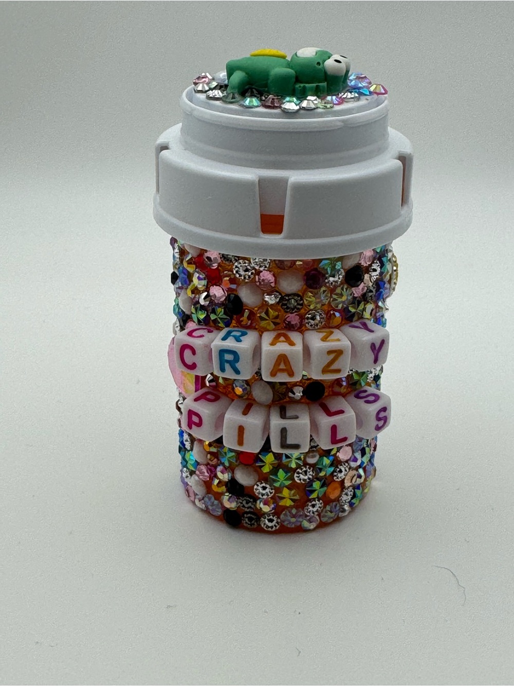 Hand Crafted Multicolor Bedazzled Pill Bottle Cover with Frog Accent